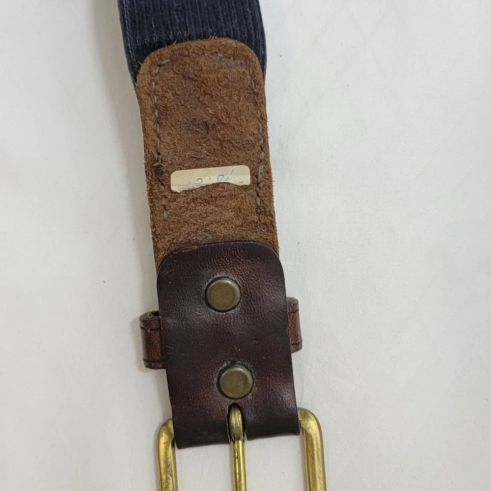 Mens Navy Blue Corduroy Brown Leather Inlay Belt Solid Brass Buckle Casual 34